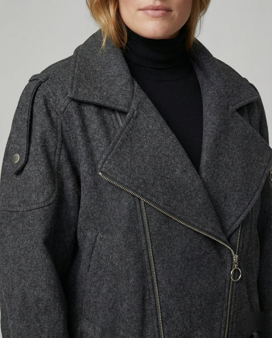 Weit geschnittene Wollmix-Bikerjacke mit großem Revers und Taillengürtel R&B