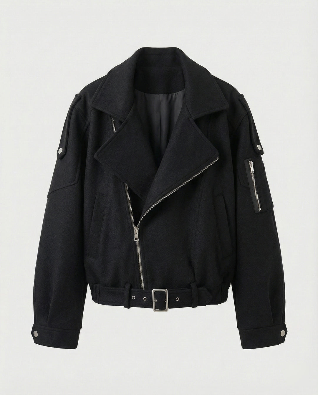 Weit geschnittene Wollmix-Bikerjacke mit großem Revers und Taillengürtel R&B