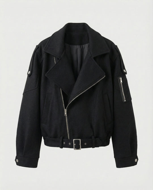 Weit geschnittene Wollmix-Bikerjacke mit großem Revers und Taillengürtel R&B