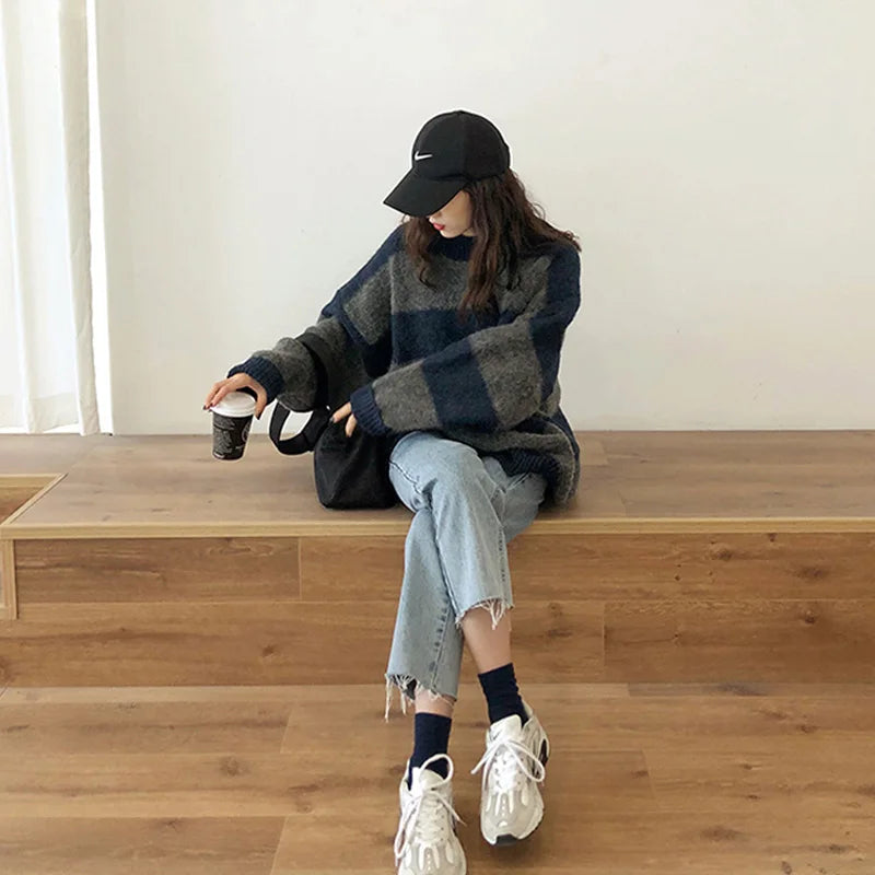 R&B | Pullover - Damen Herbst Übergröße Gestreifter Strickpullover