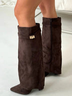 Hohe Stiefel aus PU-Leder - Spitzes Ende - Stiefel mit Absatz - Stiefel mit weitem Schaft R&B