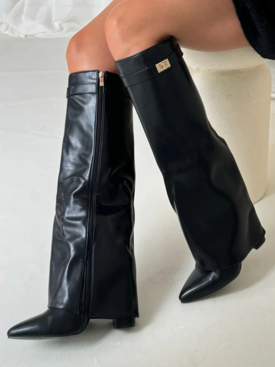Hohe Stiefel aus PU-Leder - Spitzes Ende - Stiefel mit Absatz - Stiefel mit weitem Schaft R&B