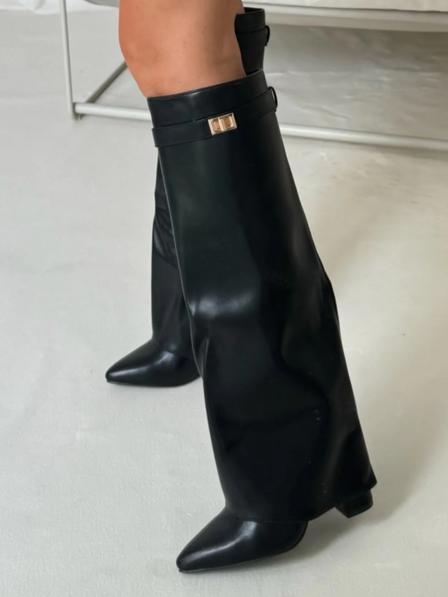 Hohe Stiefel aus PU-Leder - Spitzes Ende - Stiefel mit Absatz - Stiefel mit weitem Schaft R&B
