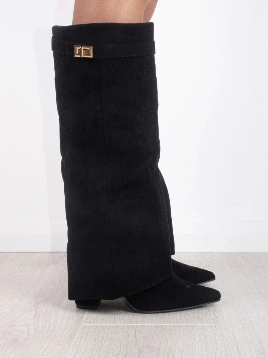 Hohe Stiefel aus PU-Leder - Spitzes Ende - Stiefel mit Absatz - Stiefel mit weitem Schaft R&B