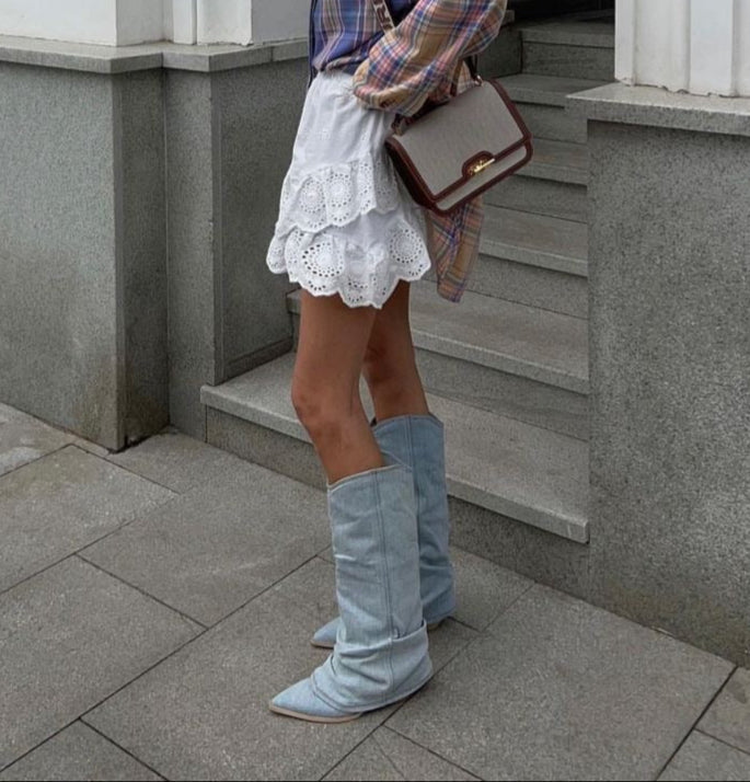 R&B | Denim Kniehohe Stiefel