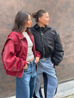 R&B | Burgundisch Zip up Jacke in Übergröße mit Kontrastnähten