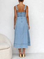 Denim Strap Casual Knopf Midi Kleid