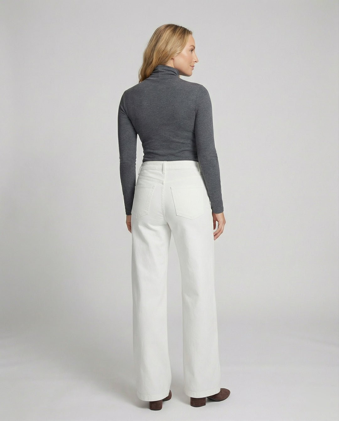 Weiße Damen Fleece Jeans High Waist Weite Winterhose