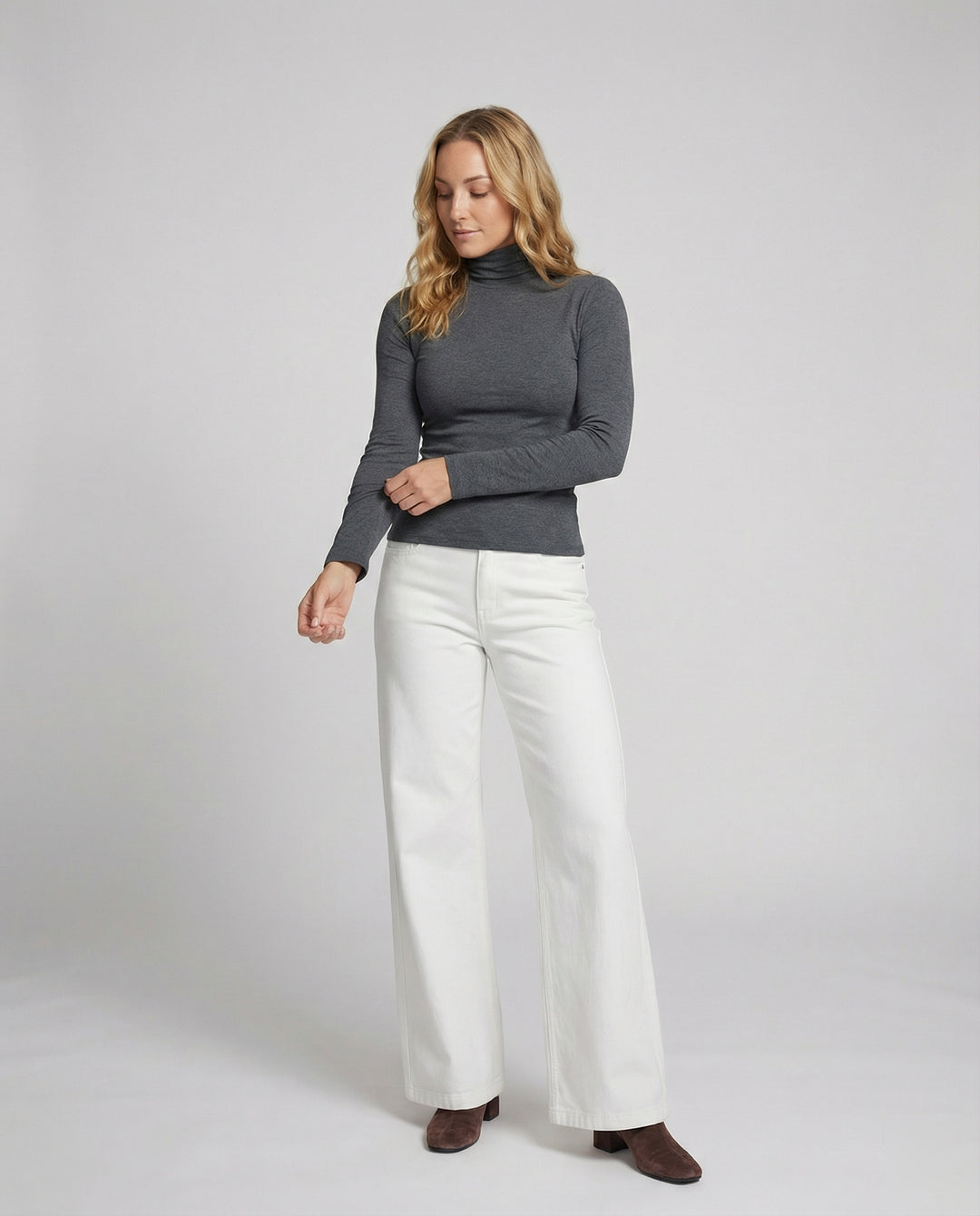 Weiße Damen Fleece Jeans High Waist Weite Winterhose