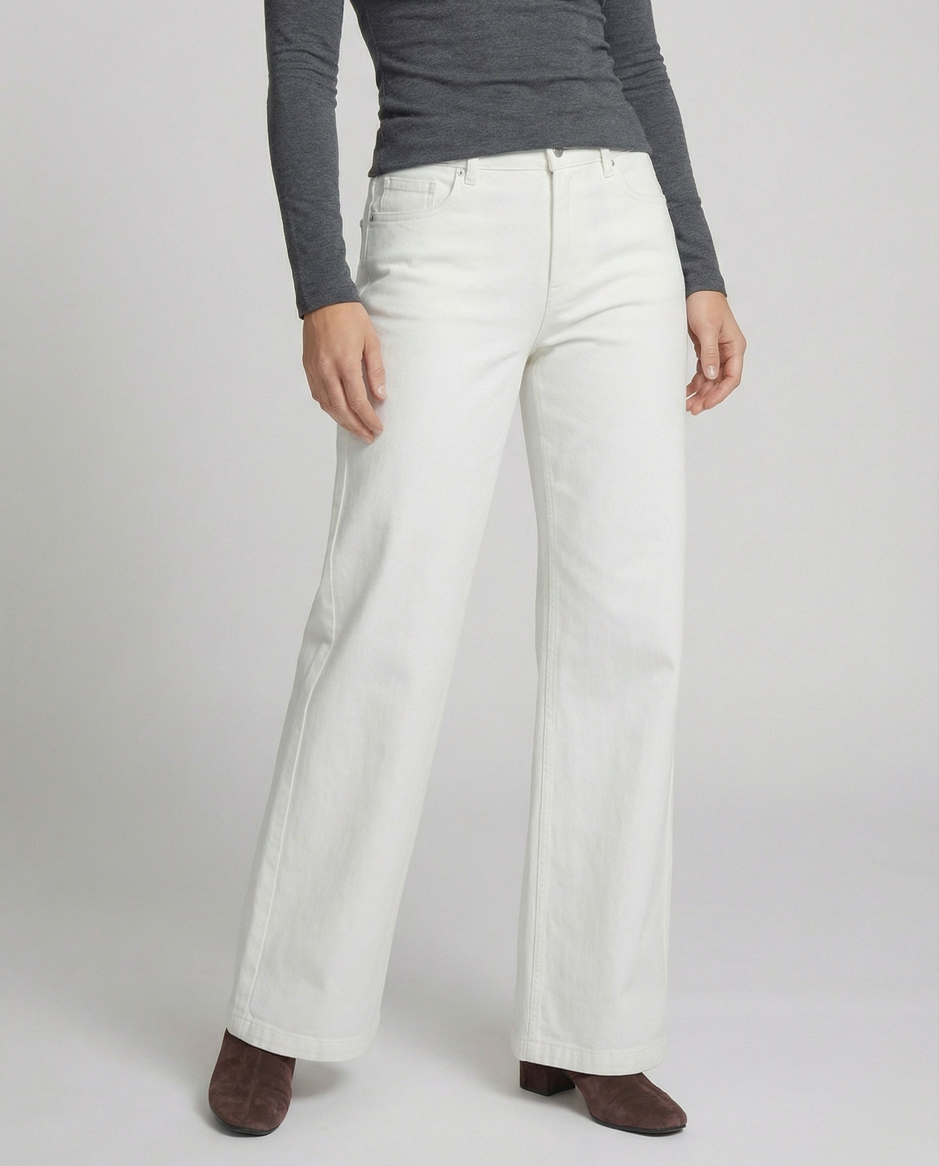 Weiße Damen Fleece Jeans High Waist Weite Winterhose