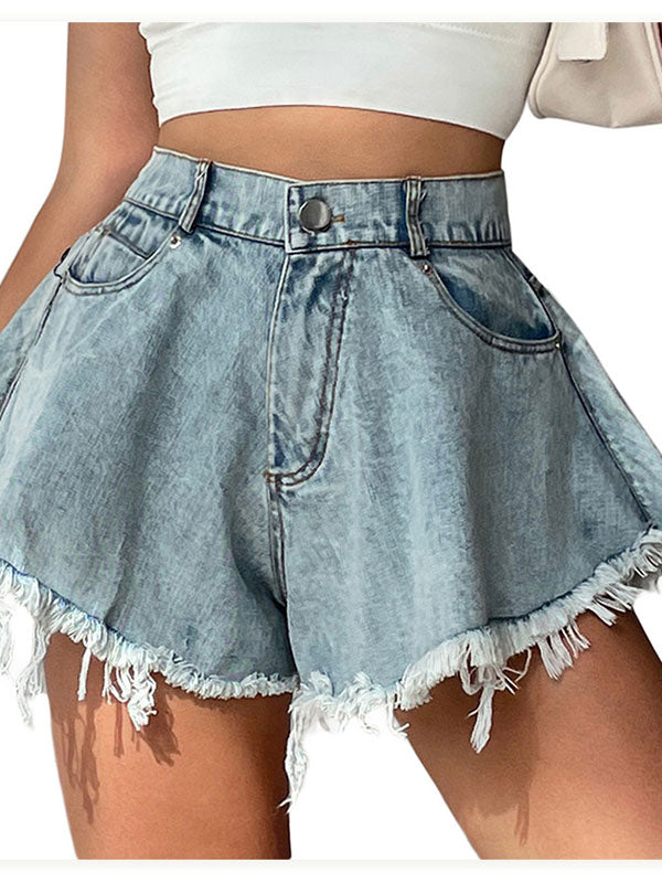 Jeans-Shorts, ausgestellt, mit Fransen, Knöpfen, Reißverschluss, hohe Taille, Damenmode, Denim, Cowboy