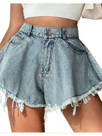 Jeans-Shorts, ausgestellt, mit Fransen, Knöpfen, Reißverschluss, hohe Taille, Damenmode, Denim, Cowboy