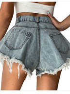 Jeans-Shorts, ausgestellt, mit Fransen, Knöpfen, Reißverschluss, hohe Taille, Damenmode, Denim, Cowboy