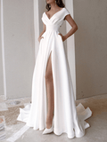 langes Kleid mit V-Ausschnitt und seitlichem Schlitz, fließend, rückenfrei, kurze Ärmel, für Damen, eleganter Abend, Promo für die Hochzeit