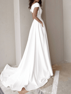 langes Kleid mit V-Ausschnitt und seitlichem Schlitz, fließend, rückenfrei, kurze Ärmel, für Damen, eleganter Abend, Promo für die Hochzeit