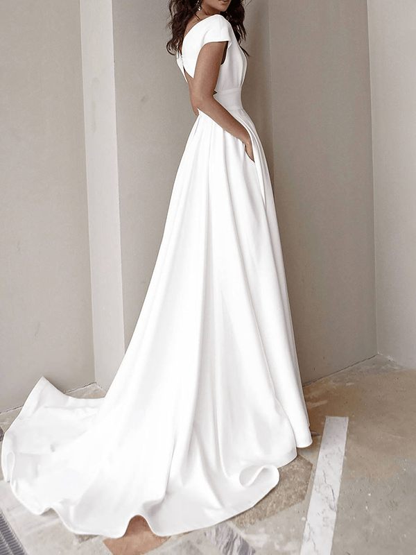 langes Kleid mit V-Ausschnitt und seitlichem Schlitz, fließend, rückenfrei, kurze Ärmel, für Damen, eleganter Abend, Promo für die Hochzeit