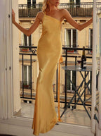 Langes Satinkleid, schulterfrei, figurbetont, Gürtel, rückenfrei, ärmellos, für Damen, elegant, lässig, für Abend, Party, Hochzeit, Gast