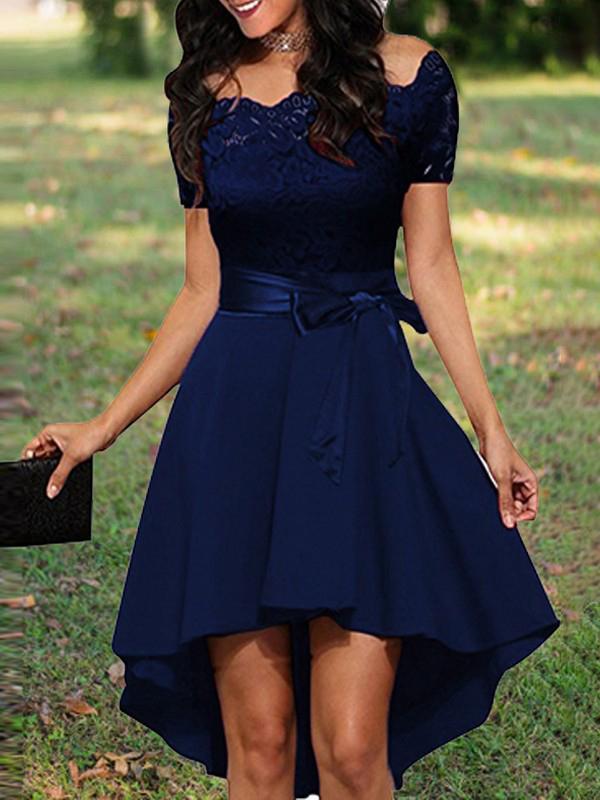Midikleid mit Spitze, kurze Vorderseite, langer Rücken, eleganter Cocktail-Skater