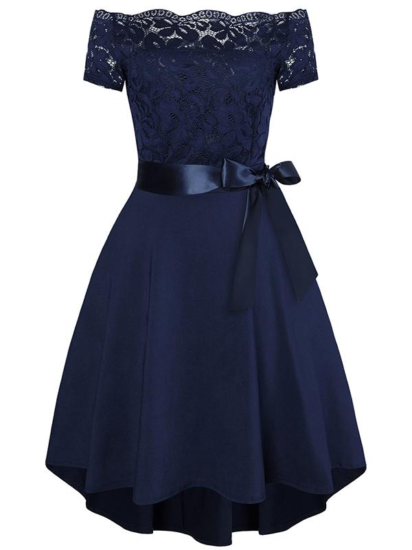 Midikleid mit Spitze, kurze Vorderseite, langer Rücken, eleganter Cocktail-Skater