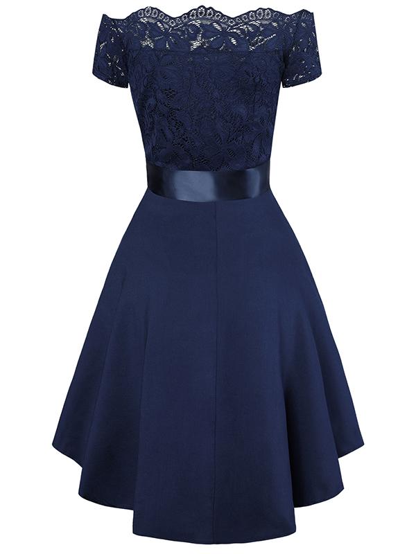 Midikleid mit Spitze, kurze Vorderseite, langer Rücken, eleganter Cocktail-Skater