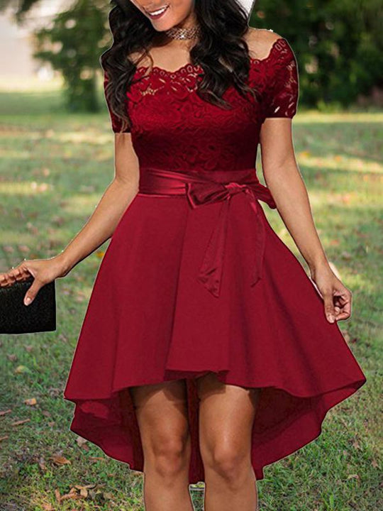 Midikleid mit Spitze, kurze Vorderseite, langer Rücken, eleganter Cocktail-Skater