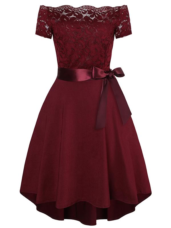 Midikleid mit Spitze, kurze Vorderseite, langer Rücken, eleganter Cocktail-Skater