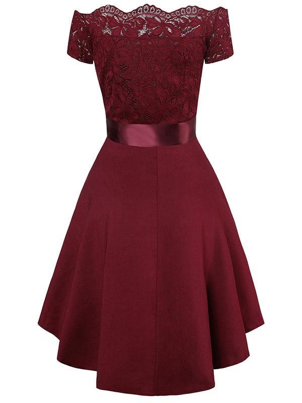 Midikleid mit Spitze, kurze Vorderseite, langer Rücken, eleganter Cocktail-Skater