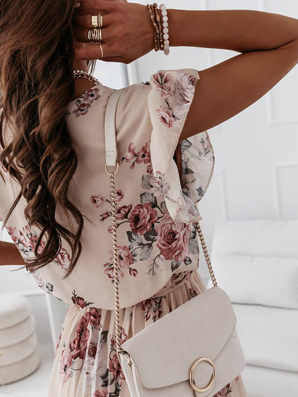 mittellanges Blumenkleid, Faltengürtel, V-Ausschnitt, schicker Boho-Strand