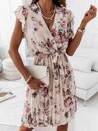 mittellanges Blumenkleid, Faltengürtel, V-Ausschnitt, schicker Boho-Strand
