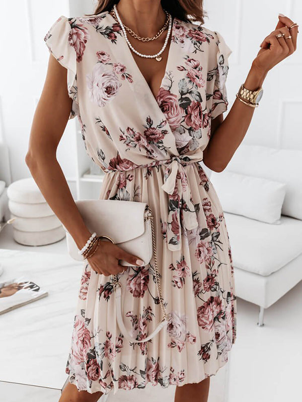 mittellanges Blumenkleid, Faltengürtel, V-Ausschnitt, schicker Boho-Strand