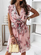 mittellanges Blumenkleid, Faltengürtel, V-Ausschnitt, schicker Boho-Strand