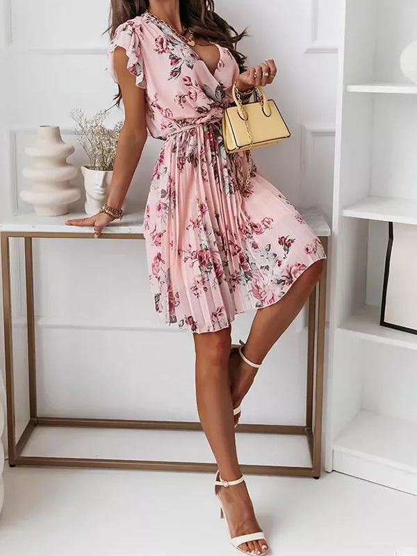 mittellanges Blumenkleid, Faltengürtel, V-Ausschnitt, schicker Boho-Strand