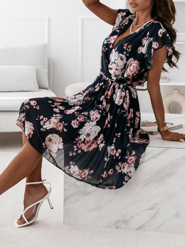 mittellanges Blumenkleid, Faltengürtel, V-Ausschnitt, schicker Boho-Strand