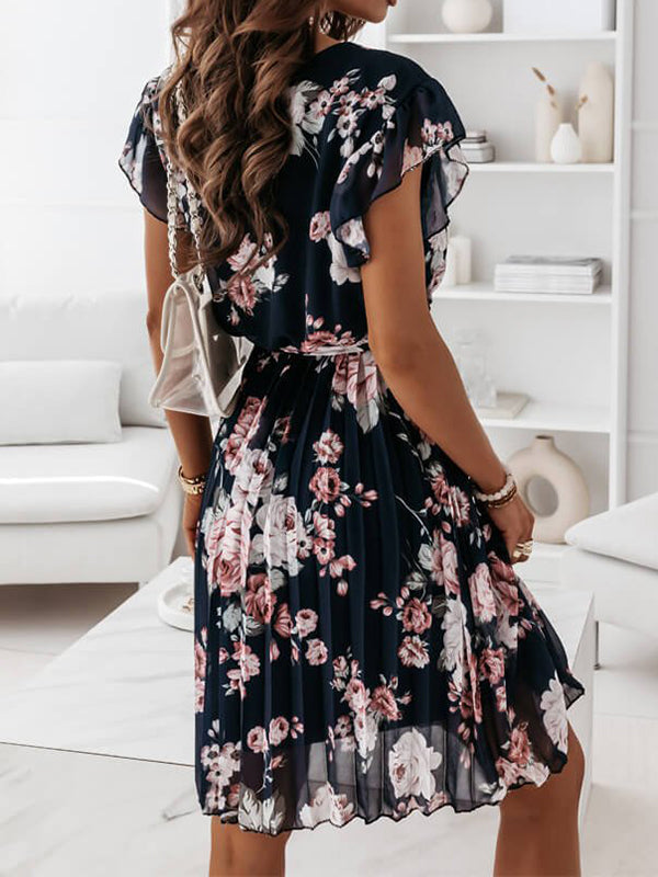 mittellanges Blumenkleid, Faltengürtel, V-Ausschnitt, schicker Boho-Strand