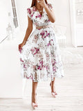 mittellanges Kleid aus Chiffon mit Blumendruck, Rüschen, fließend, V-Ausschnitt, ärmellos, Bohemian-Stil, für Damen, lässig
