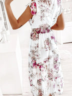mittellanges Kleid aus Chiffon mit Blumendruck, Rüschen, fließend, V-Ausschnitt, ärmellos, Bohemian-Stil, für Damen, lässig