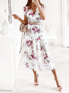 mittellanges Kleid aus Chiffon mit Blumendruck, Rüschen, fließend, V-Ausschnitt, ärmellos, Bohemian-Stil, für Damen, lässig