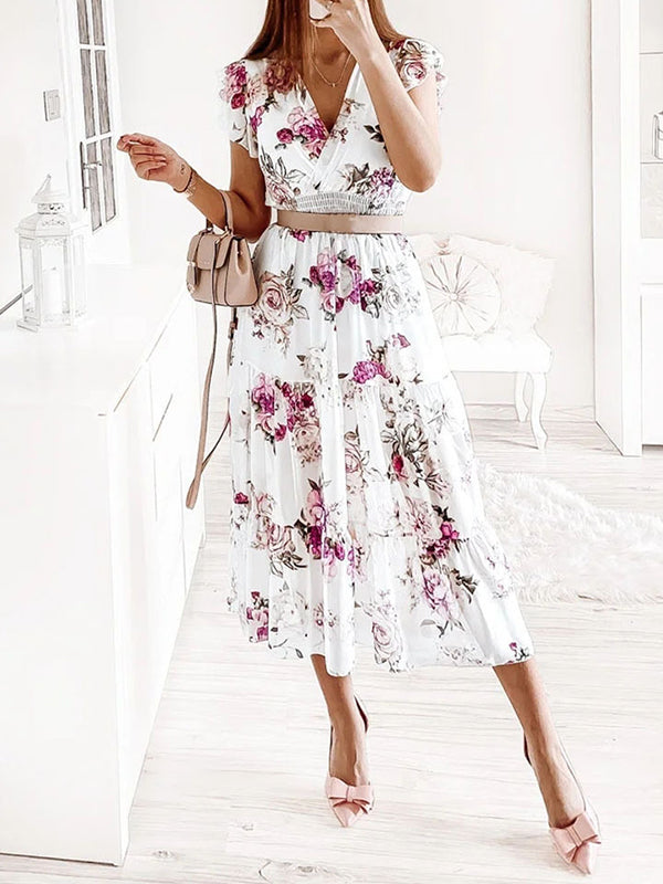 mittellanges Kleid aus Chiffon mit Blumendruck, Rüschen, fließend, V-Ausschnitt, ärmellos, Bohemian-Stil, für Damen, lässig