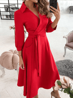Mittellange Bluse, A-Linien-Kleid, geteilt, fließende Schleifentaschen, V-Ausschnitt, Reverskragen, lange Ärmel, elegante Mode, Party