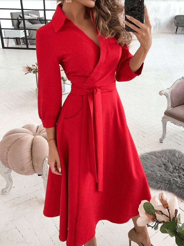 Mittellange Bluse, A-Linien-Kleid, geteilt, fließende Schleifentaschen, V-Ausschnitt, Reverskragen, lange Ärmel, elegante Mode, Party
