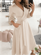 Mittellange Bluse, A-Linien-Kleid, geteilt, fließende Schleifentaschen, V-Ausschnitt, Reverskragen, lange Ärmel, elegante Mode, Party