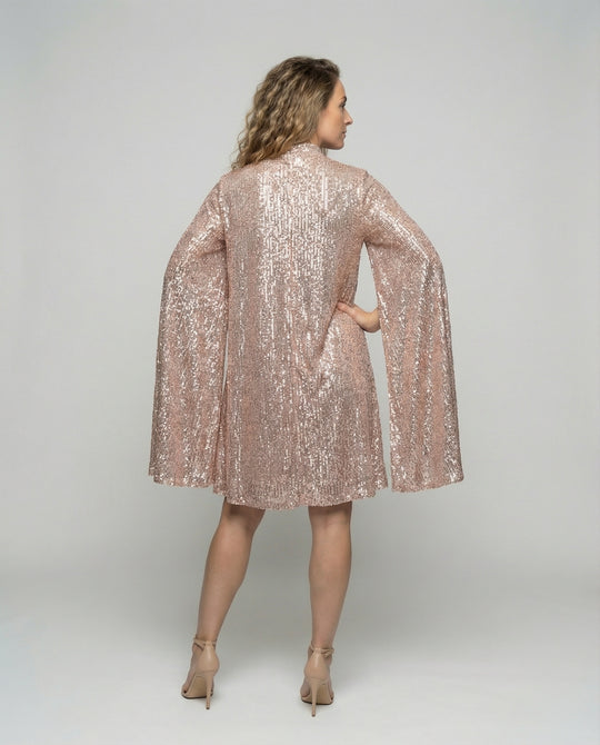 mittellanges Cape-Kleid mit glänzenden Pailletten und geteilten Ärmeln, eleganter Mode-Cocktail