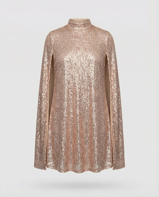 mittellanges Cape-Kleid mit glänzenden Pailletten und geteilten Ärmeln, eleganter Mode-Cocktail
