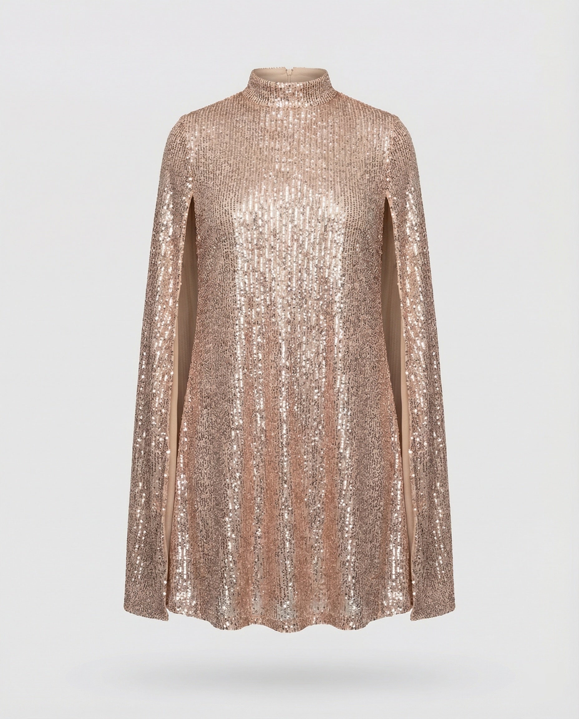 mittellanges Cape-Kleid mit glänzenden Pailletten und geteilten Ärmeln, eleganter Mode-Cocktail