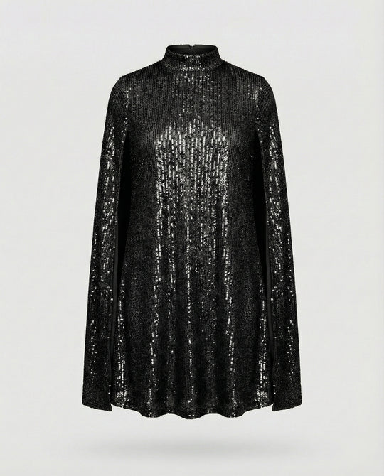 mittellanges Cape-Kleid mit glänzenden Pailletten und geteilten Ärmeln, eleganter Mode-Cocktail