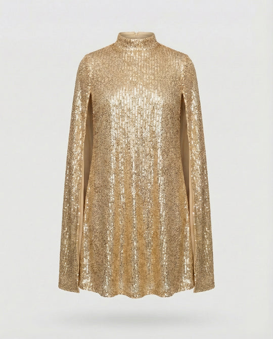 mittellanges Cape-Kleid mit glänzenden Pailletten und geteilten Ärmeln, eleganter Mode-Cocktail