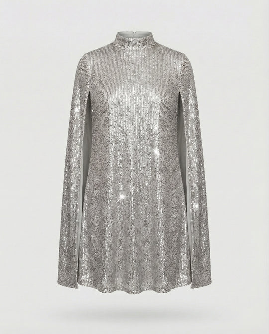 mittellanges Cape-Kleid mit glänzenden Pailletten und geteilten Ärmeln, eleganter Mode-Cocktail