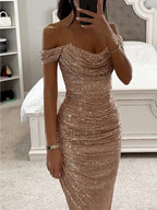mittellanges, figurbetontes Kleid mit glänzenden Pailletten und unregelmäßigem U-Boot-Ausschnitt für Damen, elegante Abendzeremonie