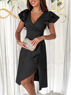 Kleid mit V-Ausschnitt, unregelmäßigen kurzen Ärmeln, mehrlagigen Rüschen, für Damen, elegante Mode, für Hochzeitsgäste