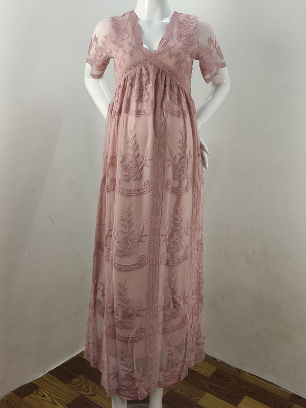 Umstandskleid, Spitze, V-Ausschnitt, kurze Ärmel, für Damen, elegant, Bohemian-Stil, für Fotoshootings